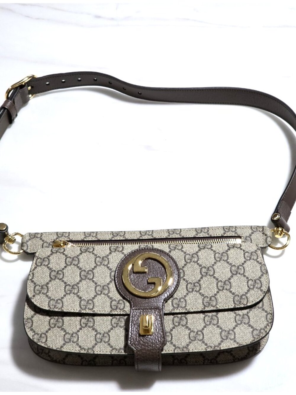 Gucci Beige/Ebony GG Coated Canvas Leather Blondie Flap Belt Bag Waist Bum